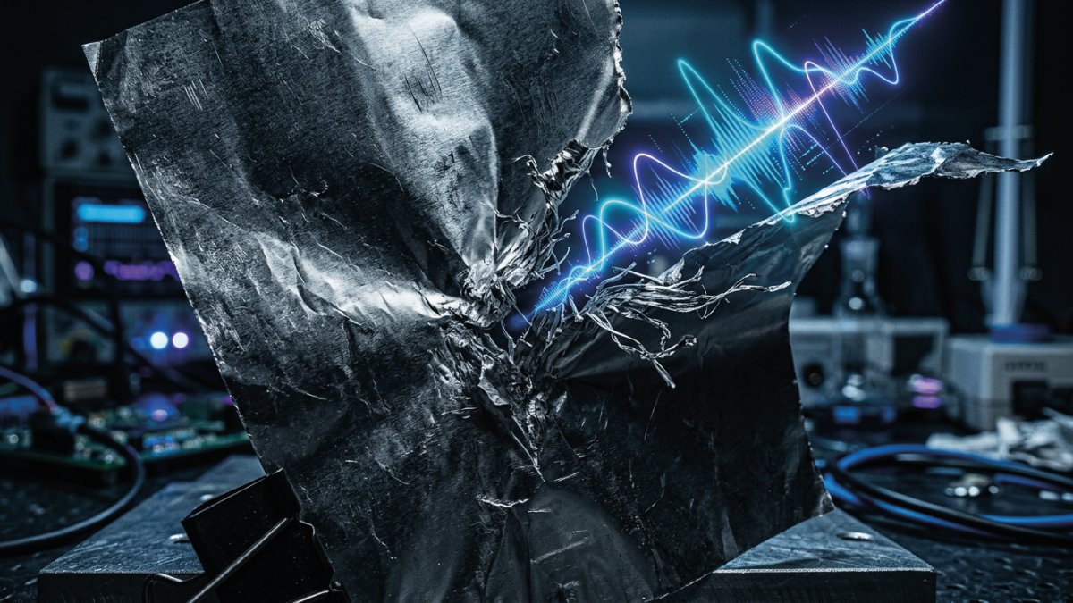 Questa immagine cattura l'istante esatto della rottura di un materiale laminato tecnico. È una fotografia macro, estremamente dettagliata, che mostra le fibre e gli strati di alluminio che si separano. Sopra lo strappo è sovrapposta un'onda sonora luminosa (fluorescente blu/ciano) che rappresenta la "Texture Sonora" generata dal materiale. Lo sfondo è un laboratorio tecnologico sfuocato, che suggerisce un ambiente di ricerca scientifica e test fonometrici.